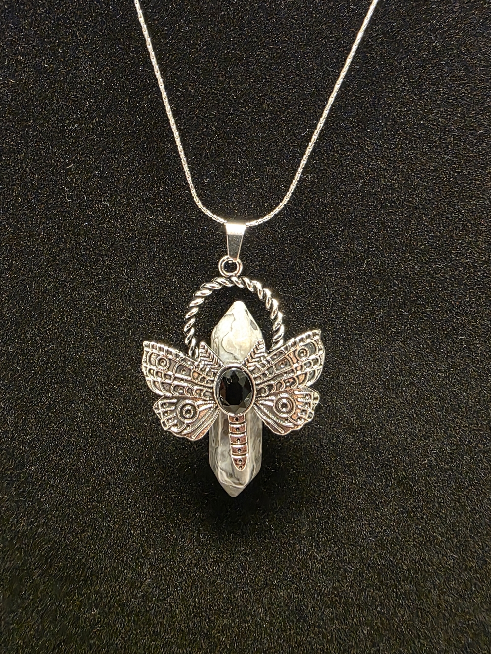 Silver Tone Moth Pendant Necklace with Picasso Jasper Point